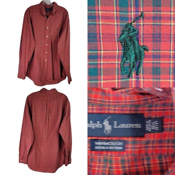 Polo Ralph Lauren Oxford Shirt Men's 16.5 XL Red Plaid LS Button Down Yarmouth - Picture 1 of 9